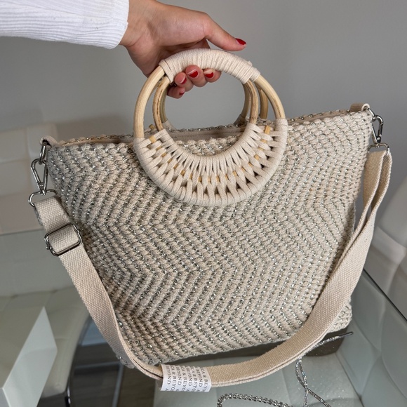 Handbags - Purse Tan Woven crossbody adjusted bag shine glitter detail - America and Beyond
